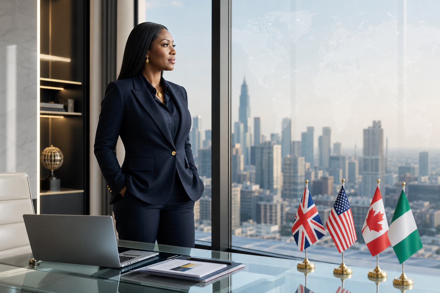 Global business executive overlooking international markets from a modern office