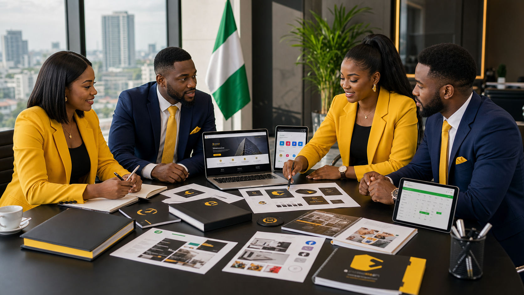 Official office table showing Nigerian business launch documents, branding, website, payment setup, and campaign materials