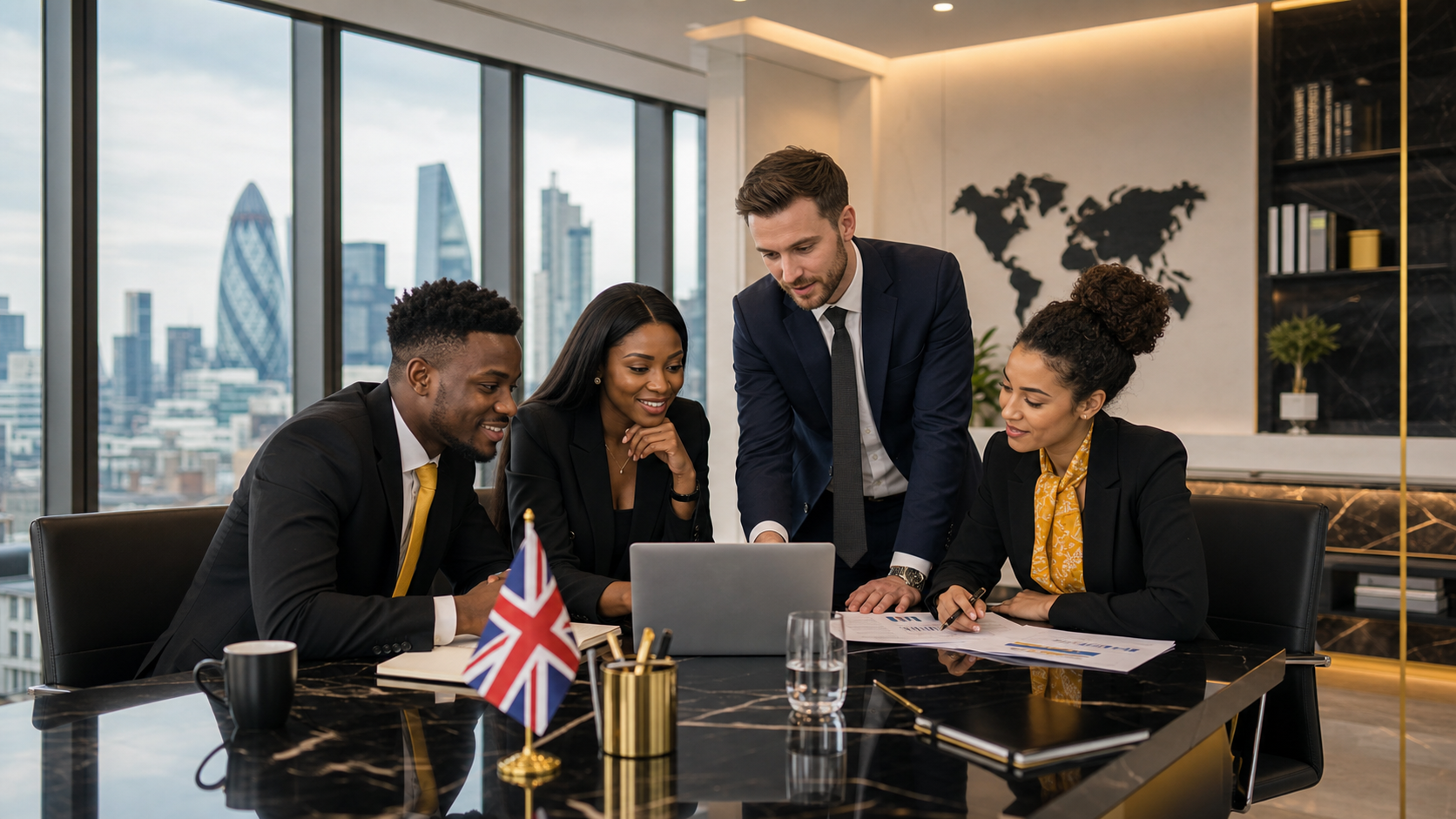 Mixed-race UK business launch team in a premium London office with a UK flag